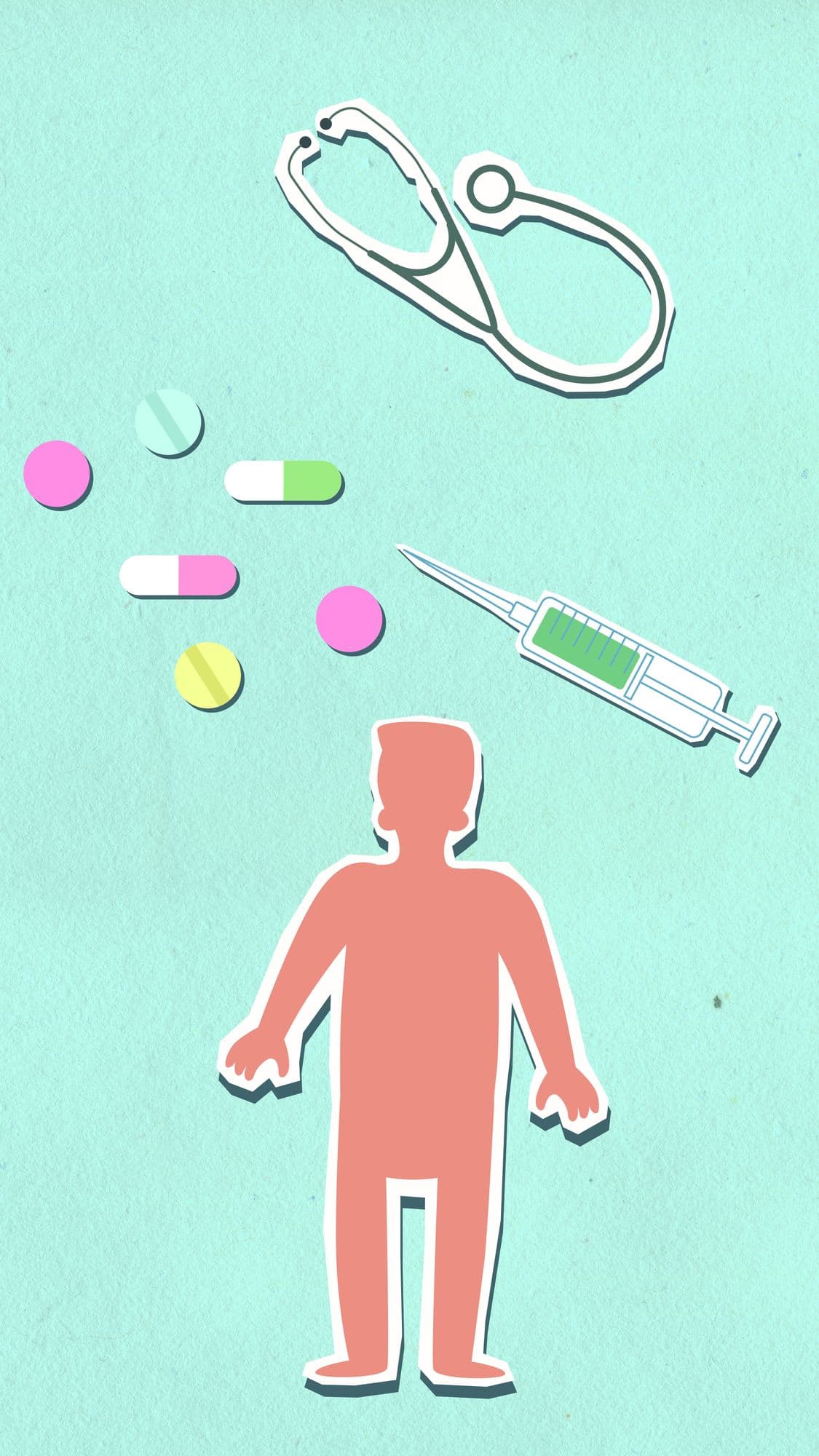 A paper-cut illustration of a person surrounded by a stethoscope, pills and a syringe on a mint background.